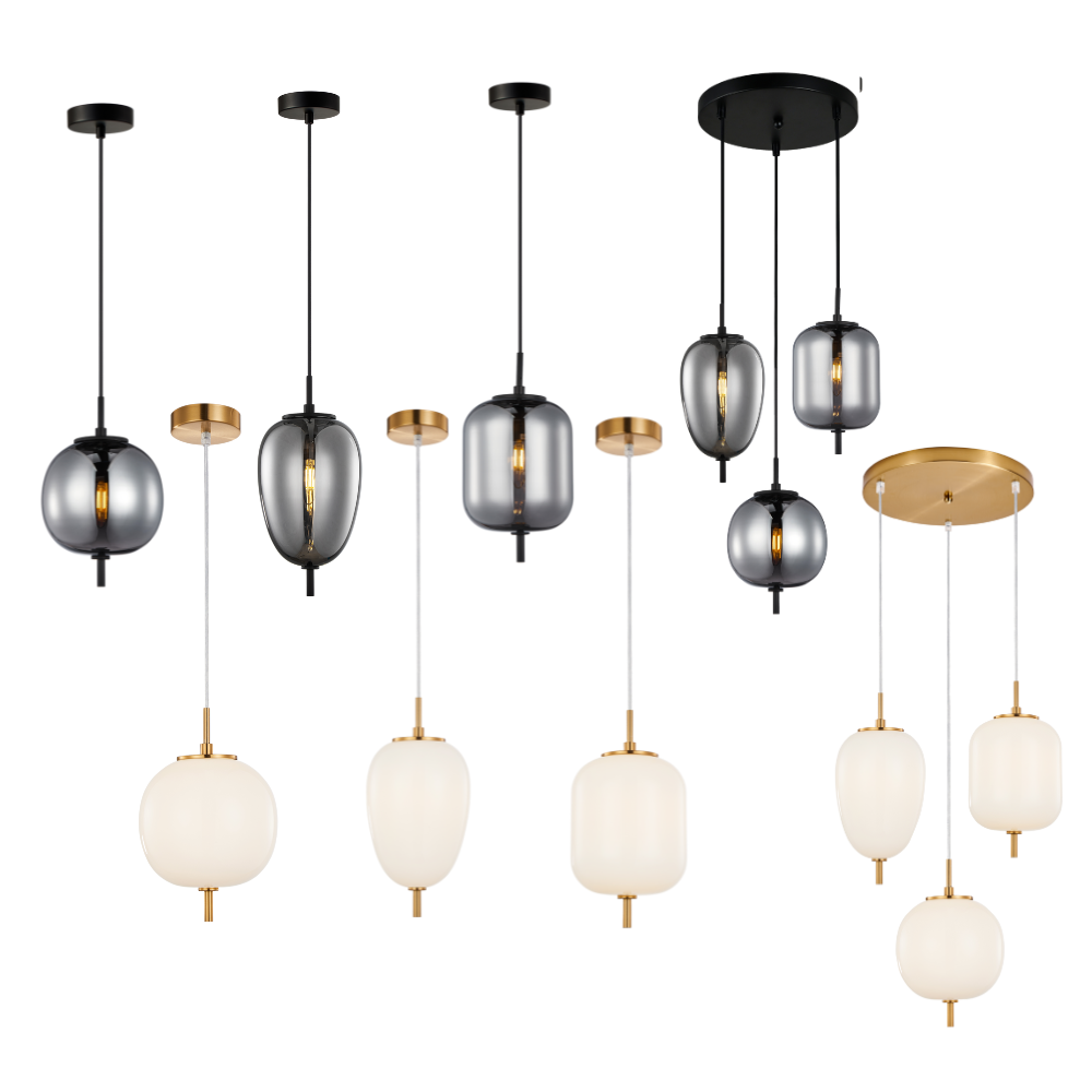 PINO: Interior Opal Matte / Smokey Black Mirror Finish Glass Pendant Lights