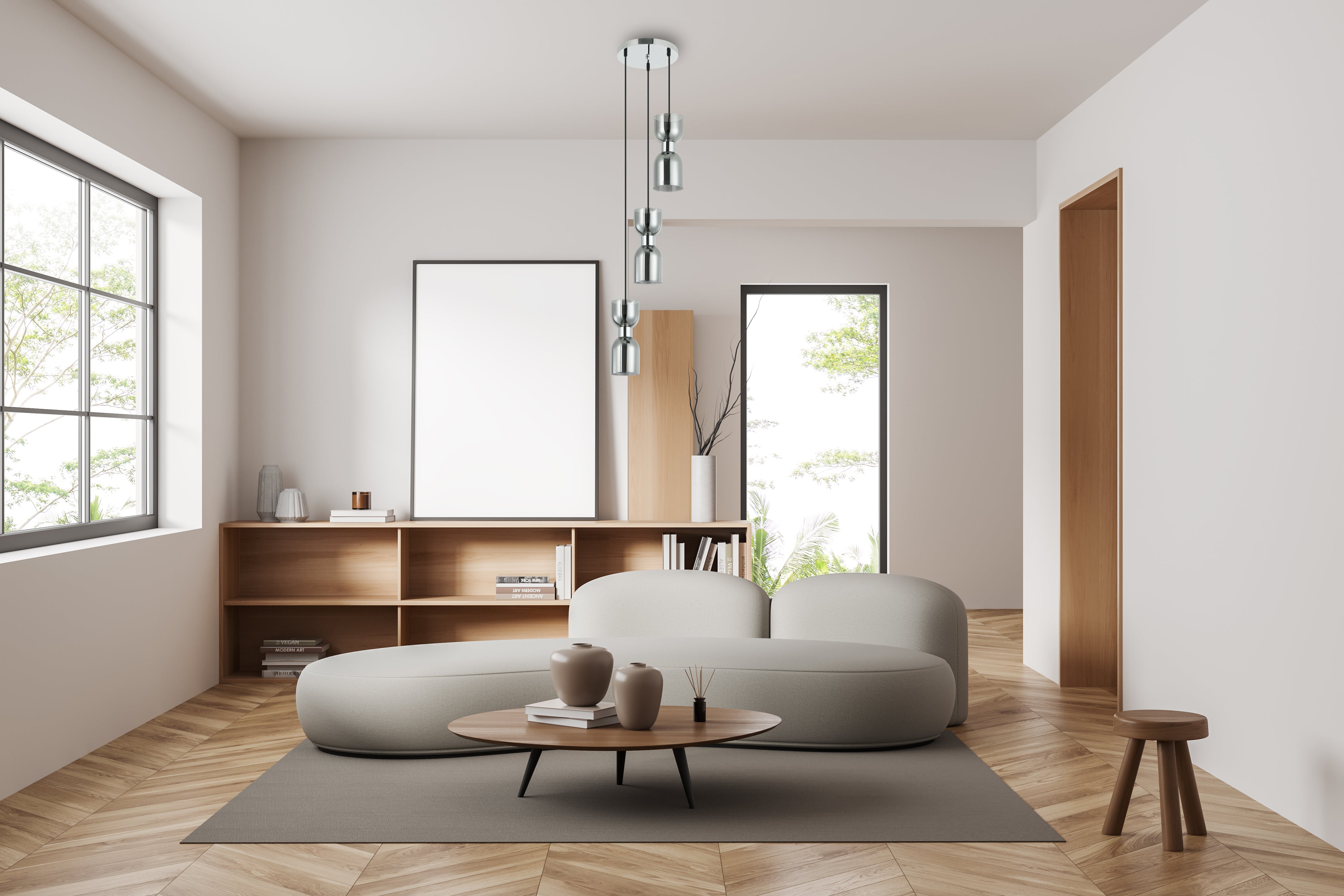 CLESSIDRA: Interior Mirror Finish Smokey Black / Opal Glass Ellipse Pendant Lights