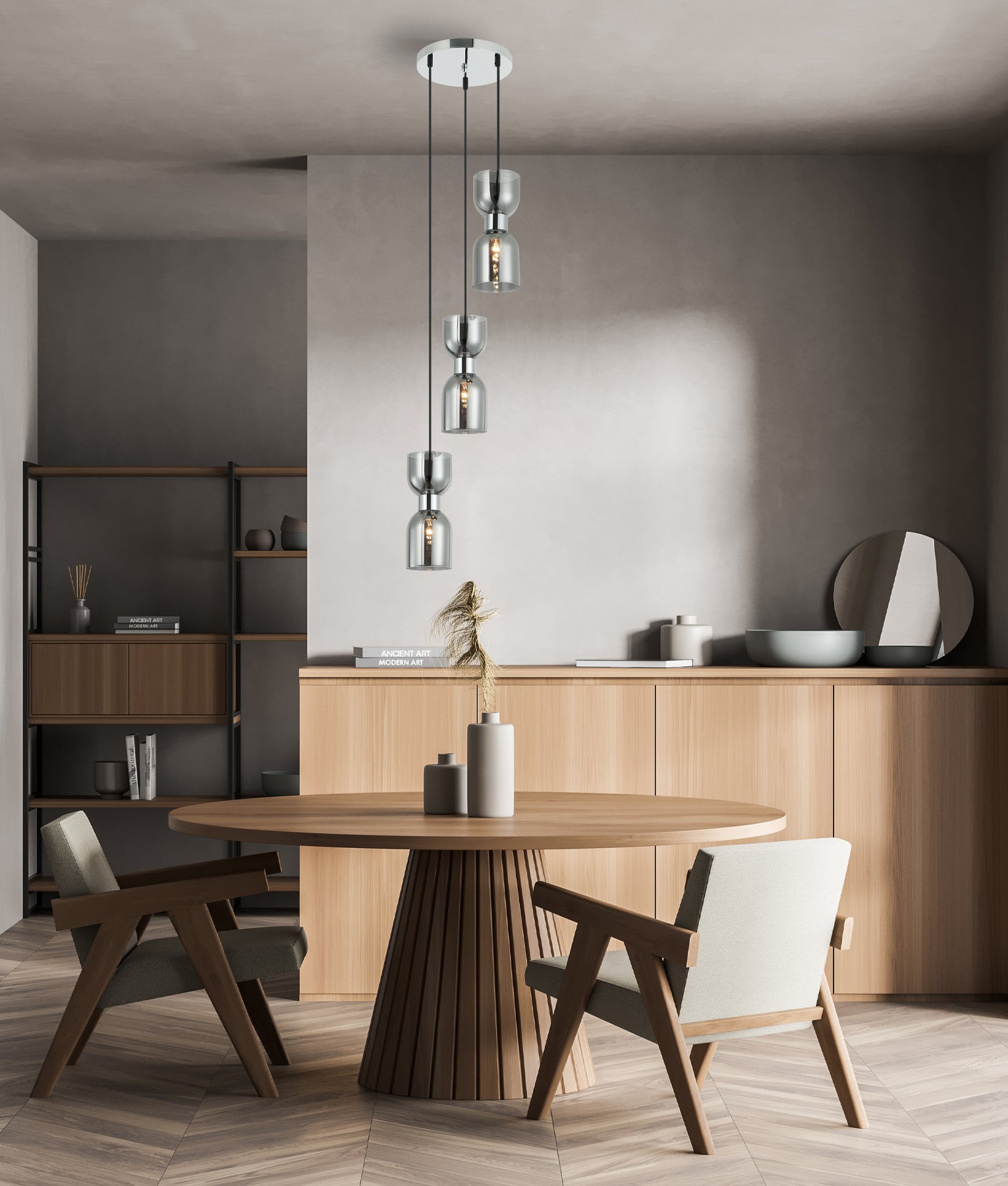 CLESSIDRA: Interior Mirror Finish Smokey Black / Opal Glass Ellipse Pendant Lights