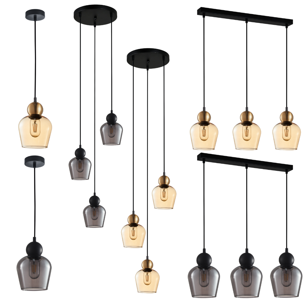 CHAMPAN: Interior Bronze Amber / Smokey Black Glass Ellipse Pendant Lights