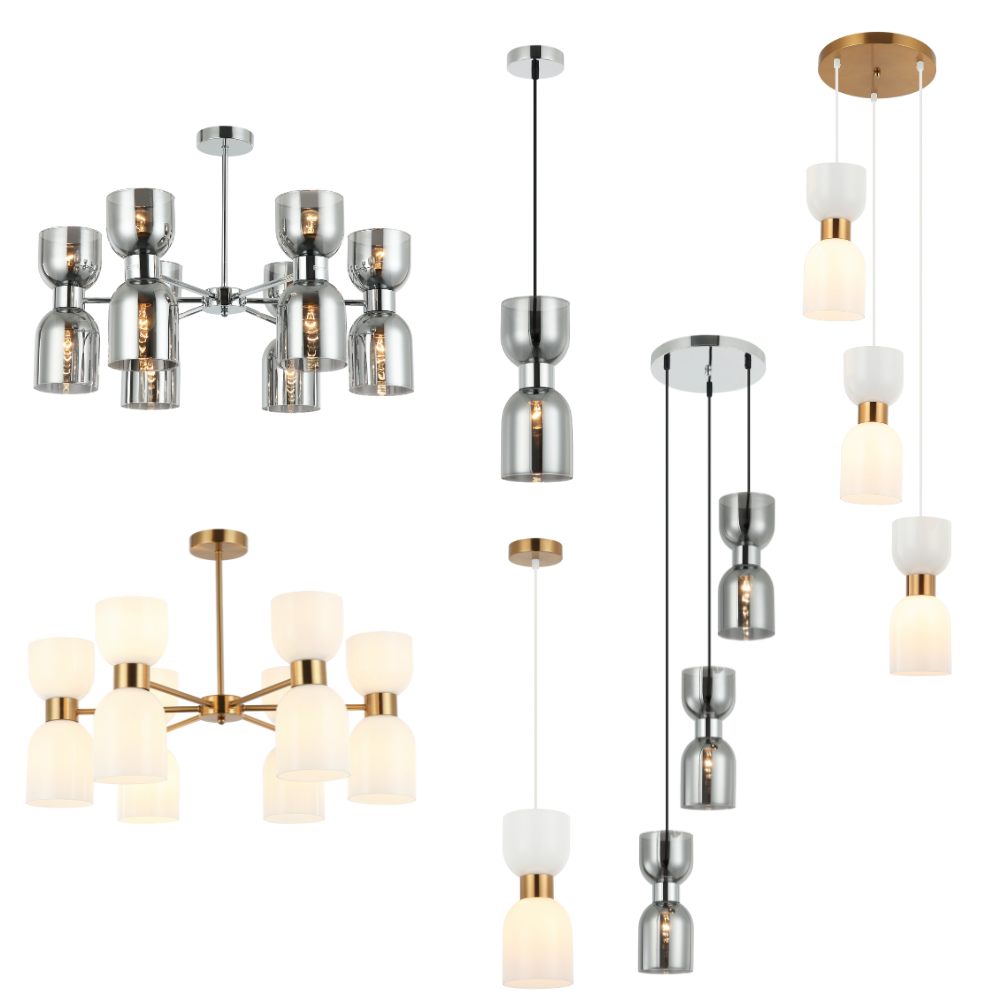 CLESSIDRA: Interior Mirror Finish Smokey Black / Opal Glass Ellipse Pendant Lights