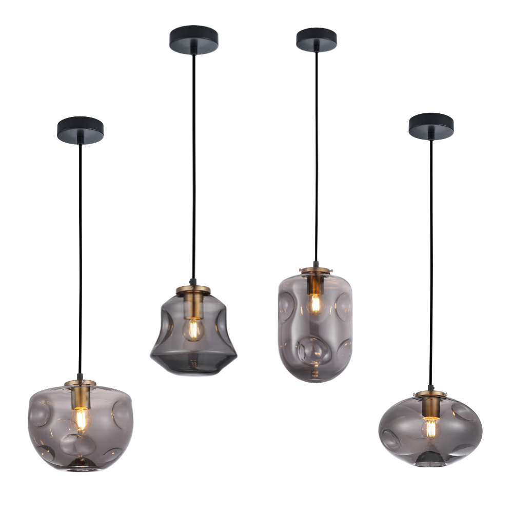 FOSSETTE: Interior Dimpled Smokey Black Mirror Finish Glass Pendant Light