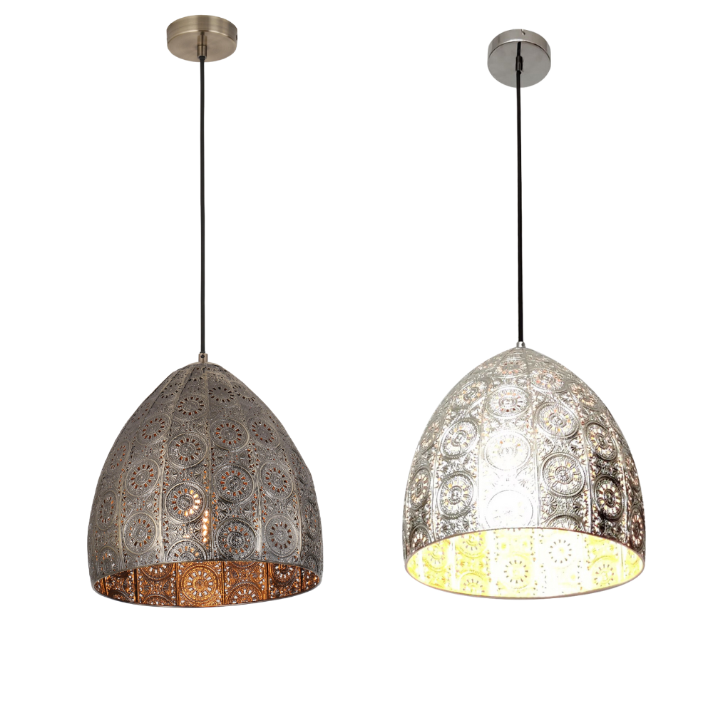 SARI: Bohemian Interior Embossed Ellipse Chrome Steel/Aged Brass Pendant Light