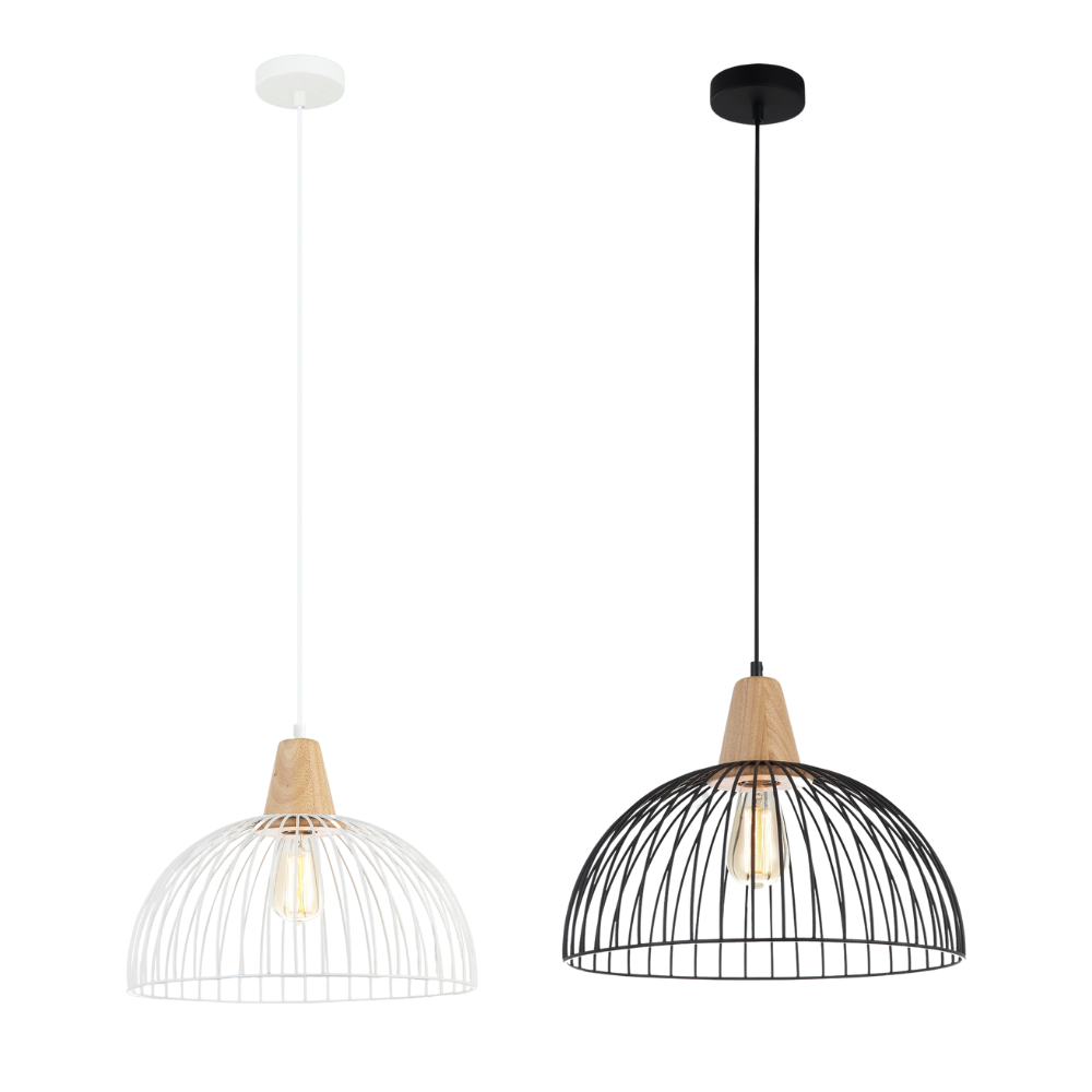 STRAND: Iron and Wood Dome Cage Pendant Lights