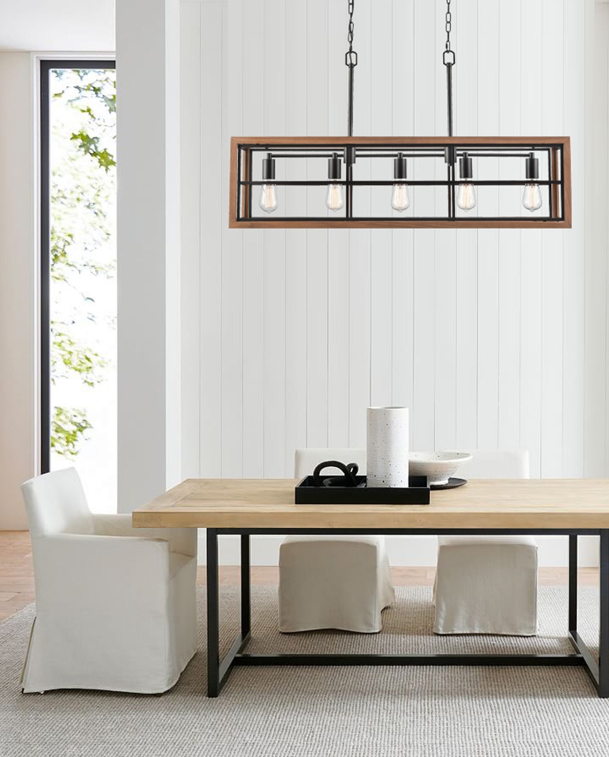 BANQUET: Retro Interior Rectangular Wood Frame Pendant Light