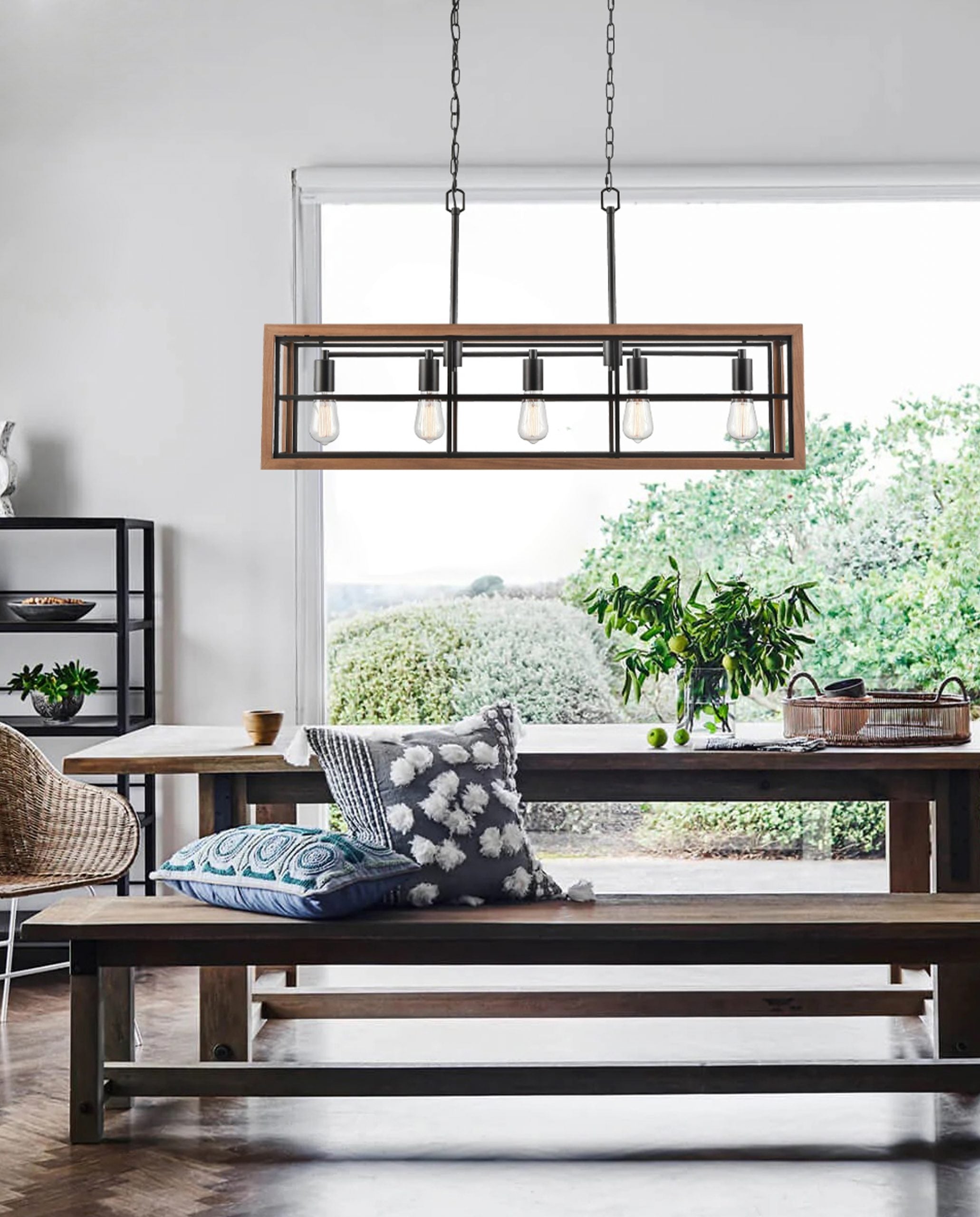 BANQUET: Retro Interior Rectangular Wood Frame Pendant Light