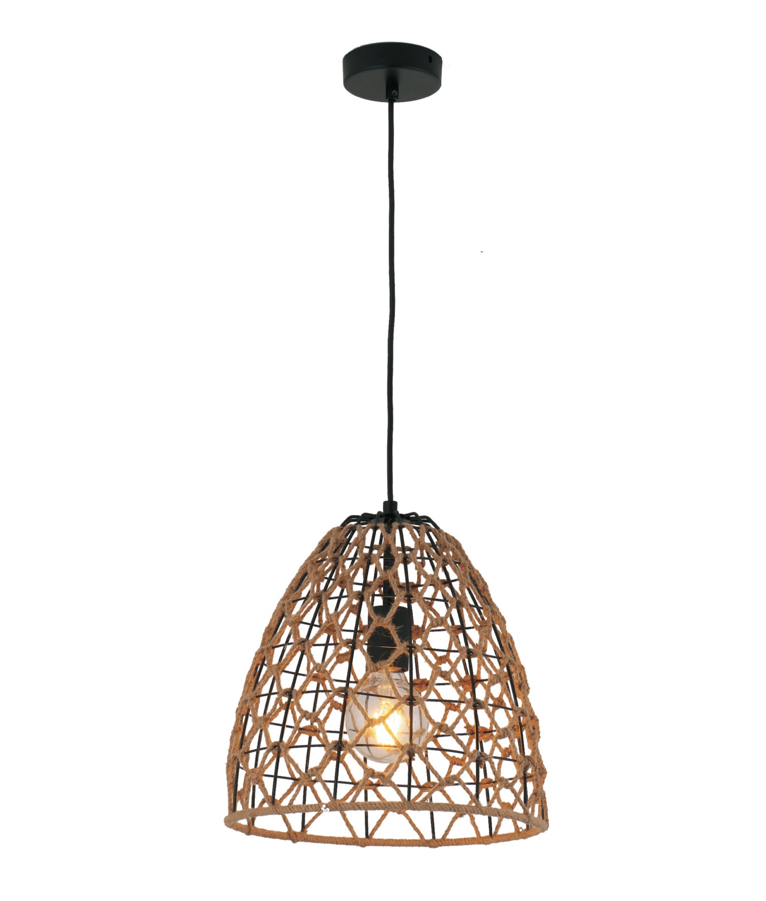 CANAMO: Bohemian Interior Natural Hemp Rope & Black Hardware Dome Pendant Light
