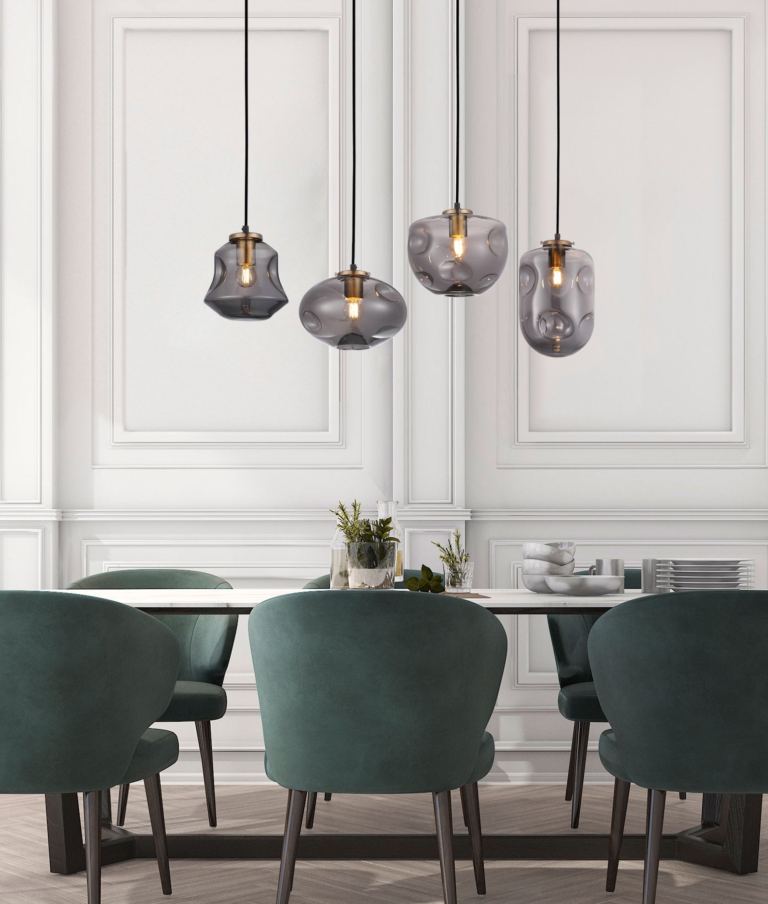 FOSSETTE: Interior Dimpled Smokey Black Mirror Finish Glass Pendant Light