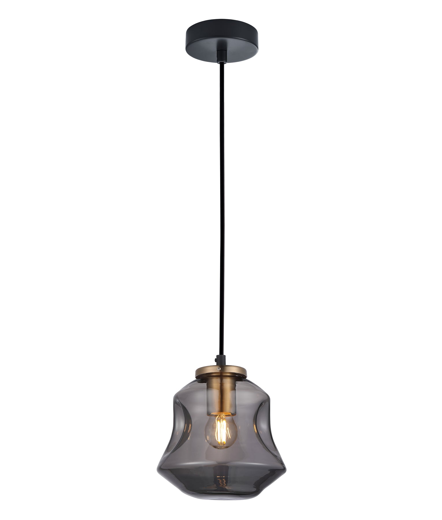 FOSSETTE: Interior Dimpled Smokey Black Mirror Finish Glass Pendant Light