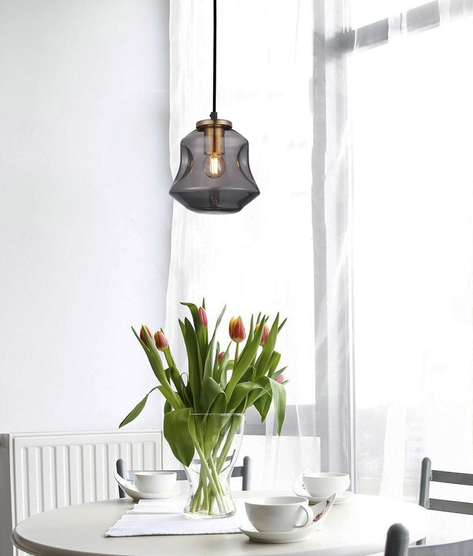 FOSSETTE: Interior Dimpled Smokey Black Mirror Finish Glass Pendant Light