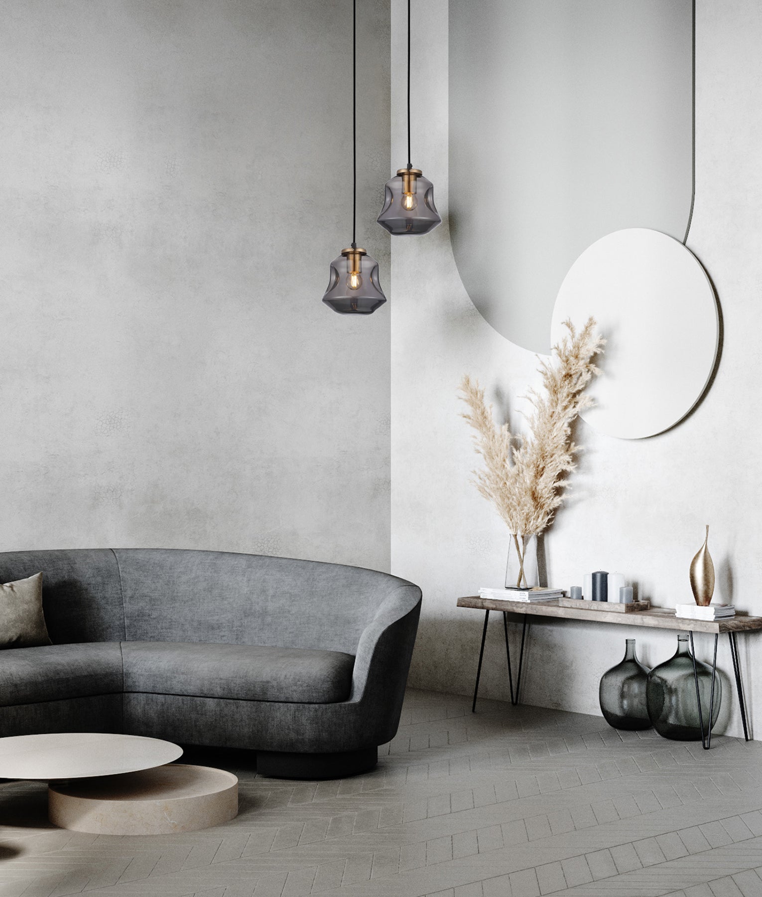 FOSSETTE: Interior Dimpled Smokey Black Mirror Finish Glass Pendant Light