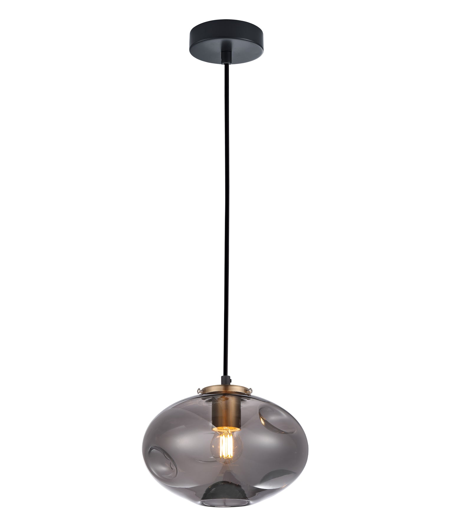 FOSSETTE: Interior Dimpled Smokey Black Mirror Finish Glass Pendant Light