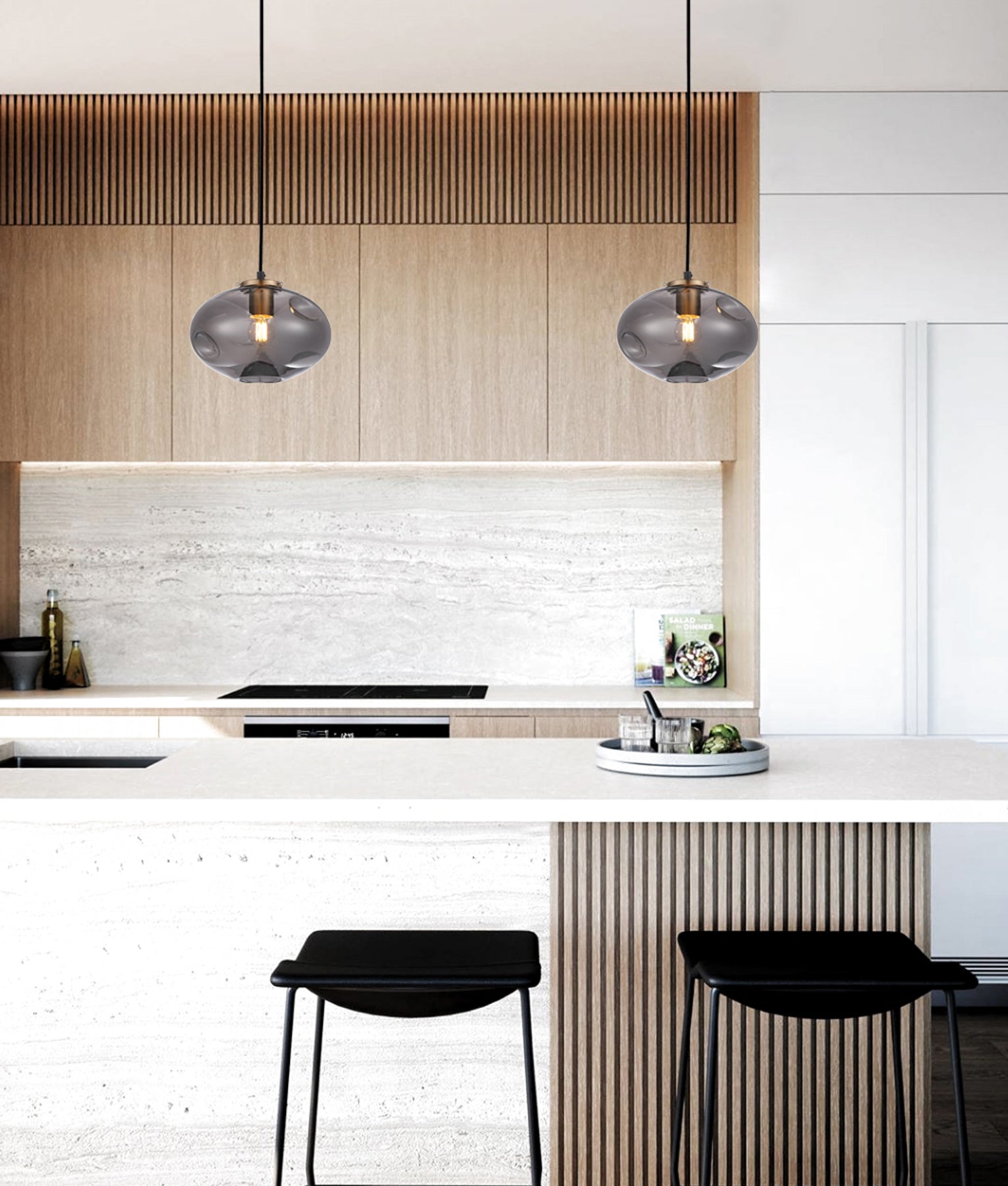 FOSSETTE: Interior Dimpled Smokey Black Mirror Finish Glass Pendant Light