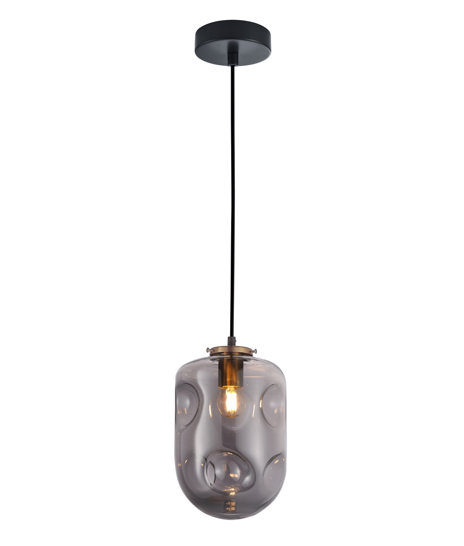 FOSSETTE: Interior Dimpled Smokey Black Mirror Finish Glass Pendant Light