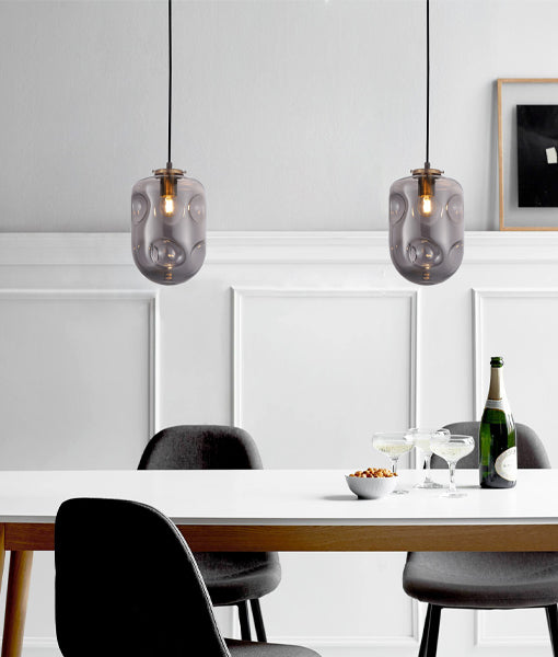 FOSSETTE: Interior Dimpled Smokey Black Mirror Finish Glass Pendant Light