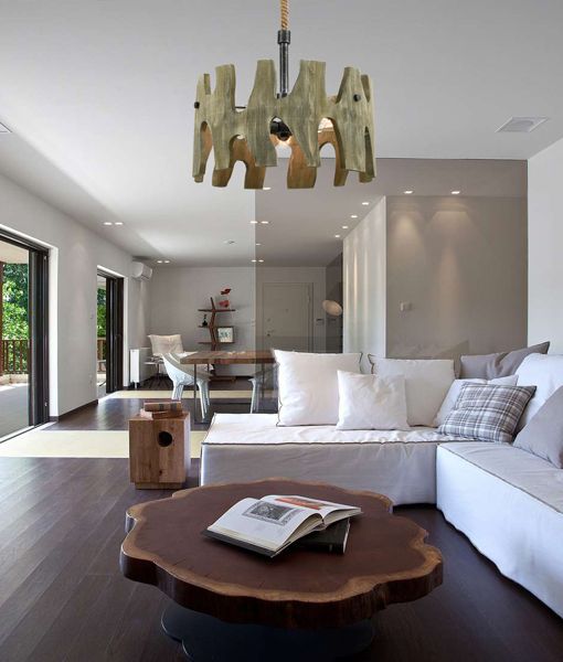 HOPI: Medieval Rustic Large Drum Weathered Grey Wood Pendant Light