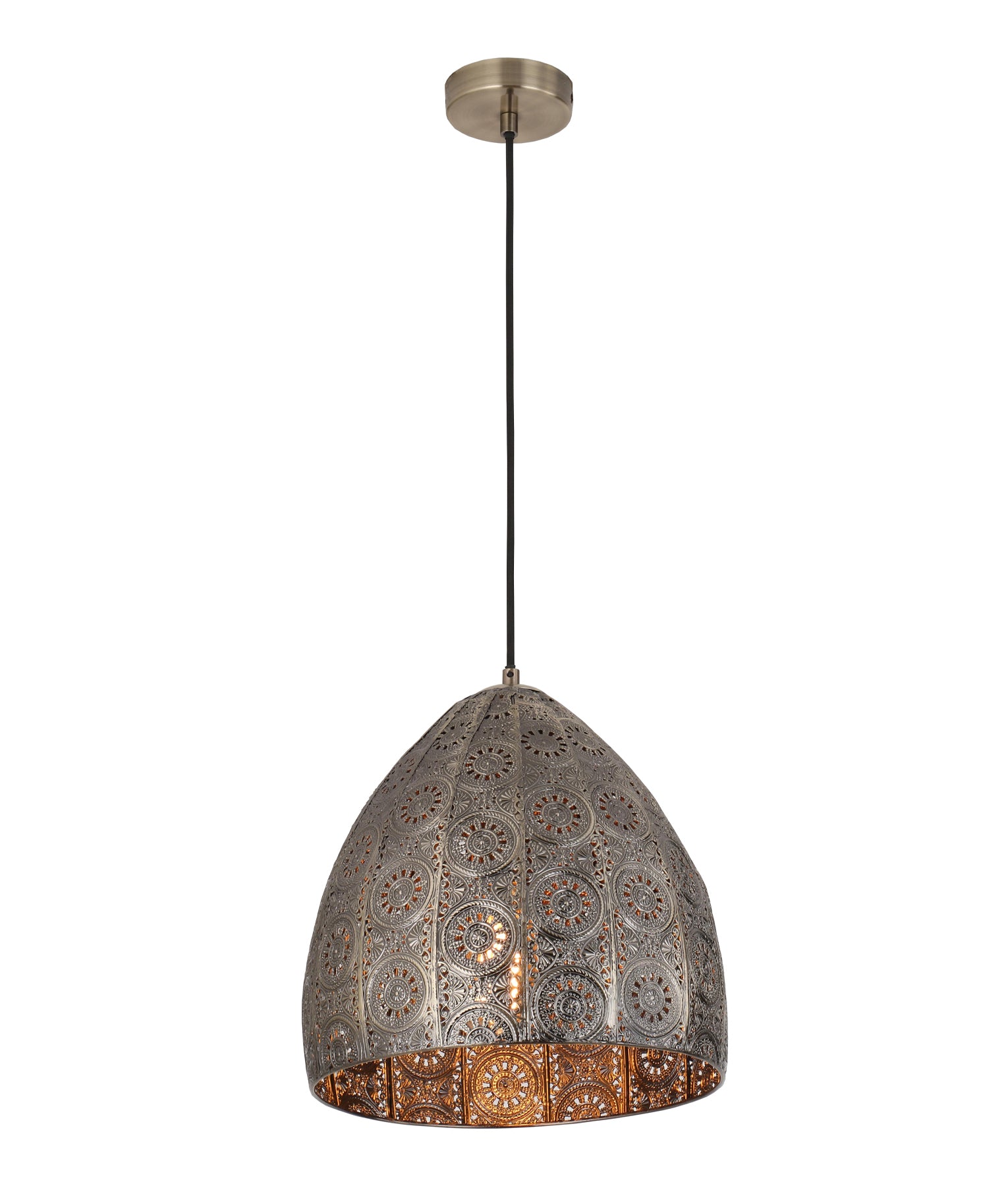 SARI: Bohemian Interior Embossed Ellipse Chrome Steel/Aged Brass Pendant Light