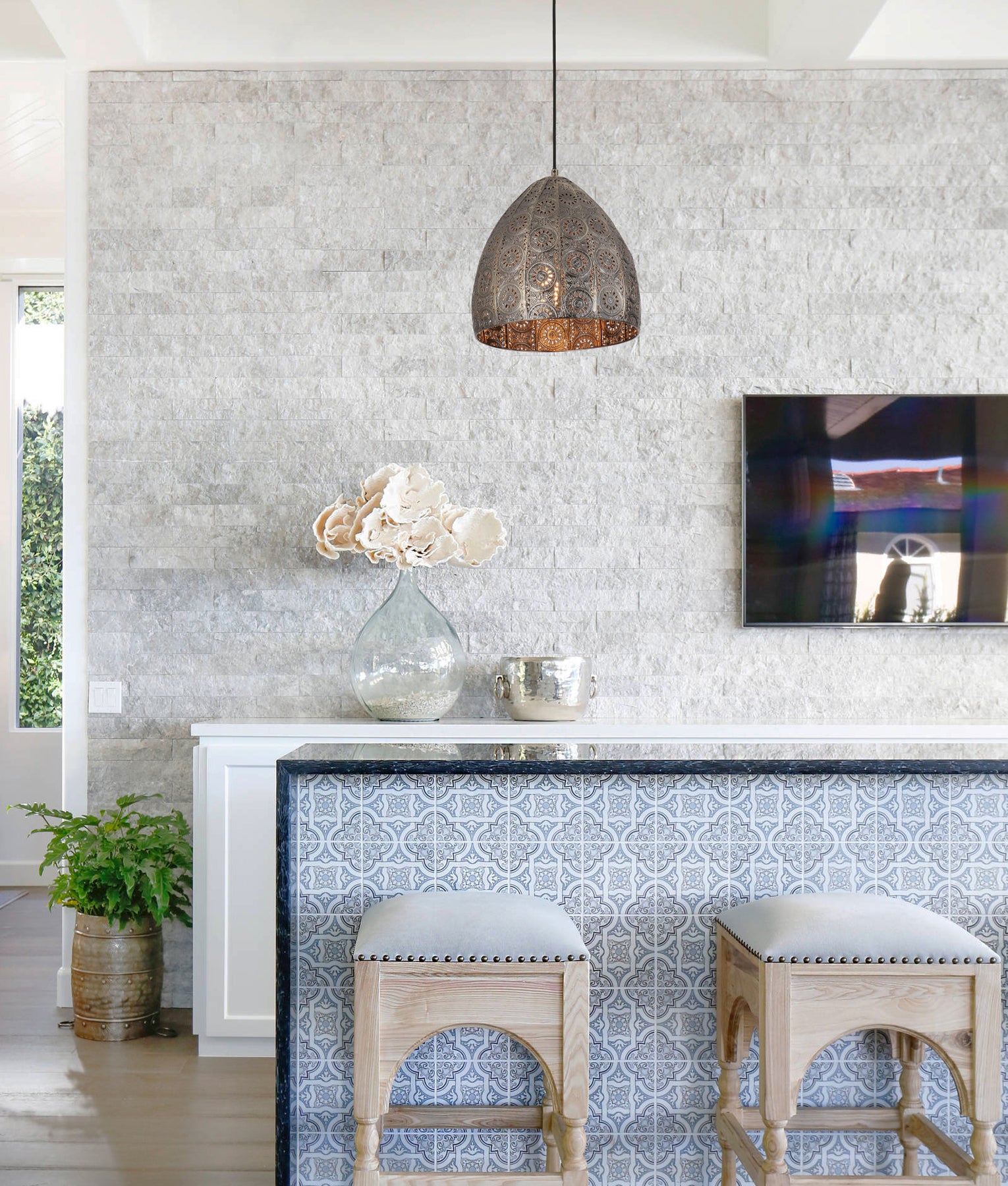 SARI: Bohemian Interior Embossed Ellipse Chrome Steel/Aged Brass Pendant Light