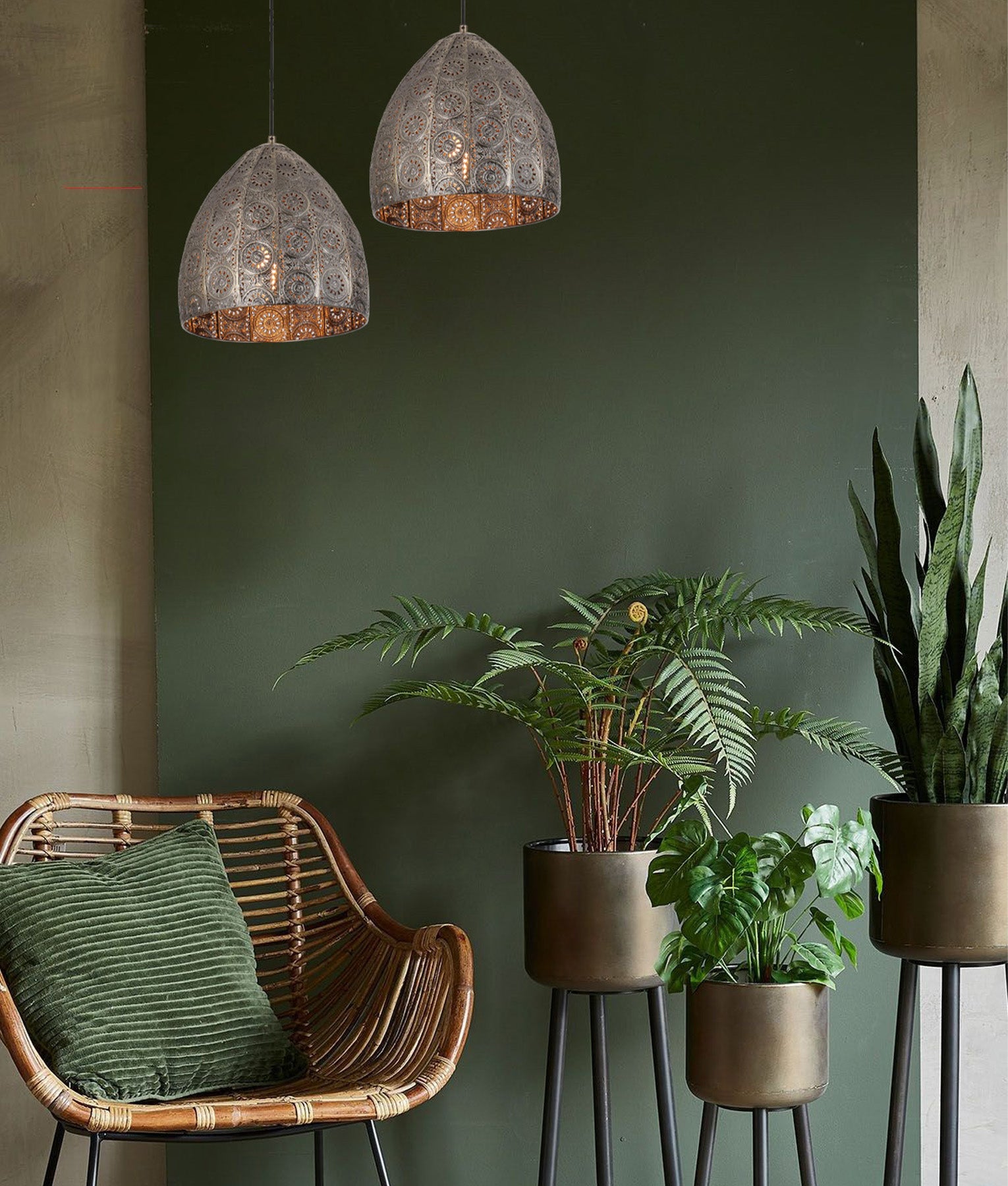 SARI: Bohemian Interior Embossed Ellipse Chrome Steel/Aged Brass Pendant Light