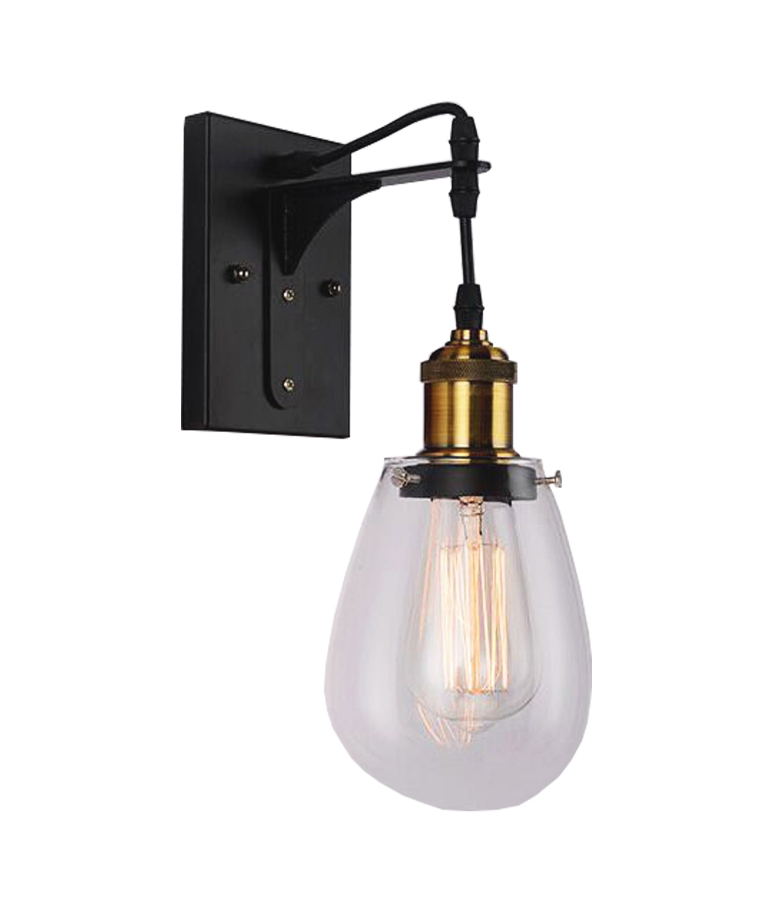 STRUNG: Interior Decorative Black / Antique Brass and Clear Pear Shape Glass Wall Light