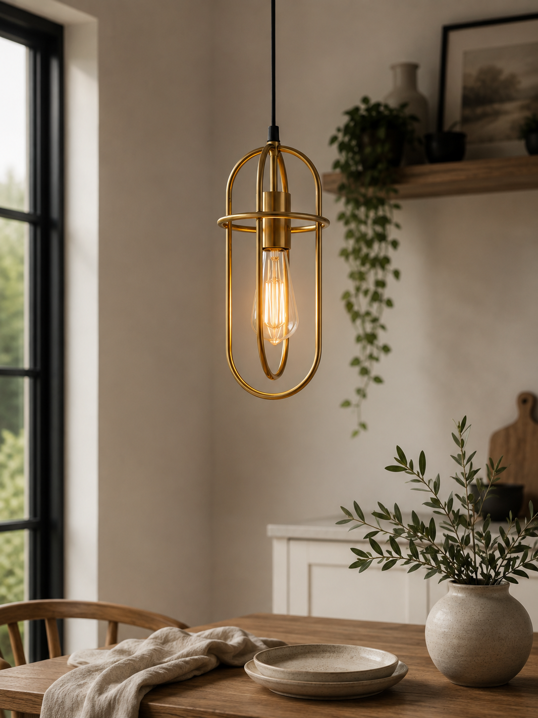 PAPILLON: Interior Oblong Antique Brass Pendant Light without coolie shade