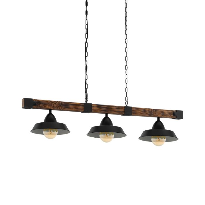 OLDBURY Pendant Light, Three Lights Metal Shades (Black, Natural Wood)