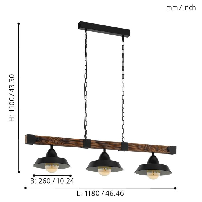 OLDBURY Pendant Light, Three Lights Metal Shades (Black, Natural Wood)