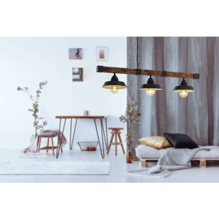 OLDBURY Pendant Light, Three Lights Metal Shades (Black, Natural Wood)