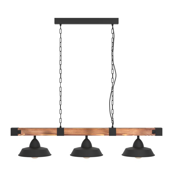 OLDBURY Pendant Light, Three Lights Metal Shades (Black, Natural Wood)