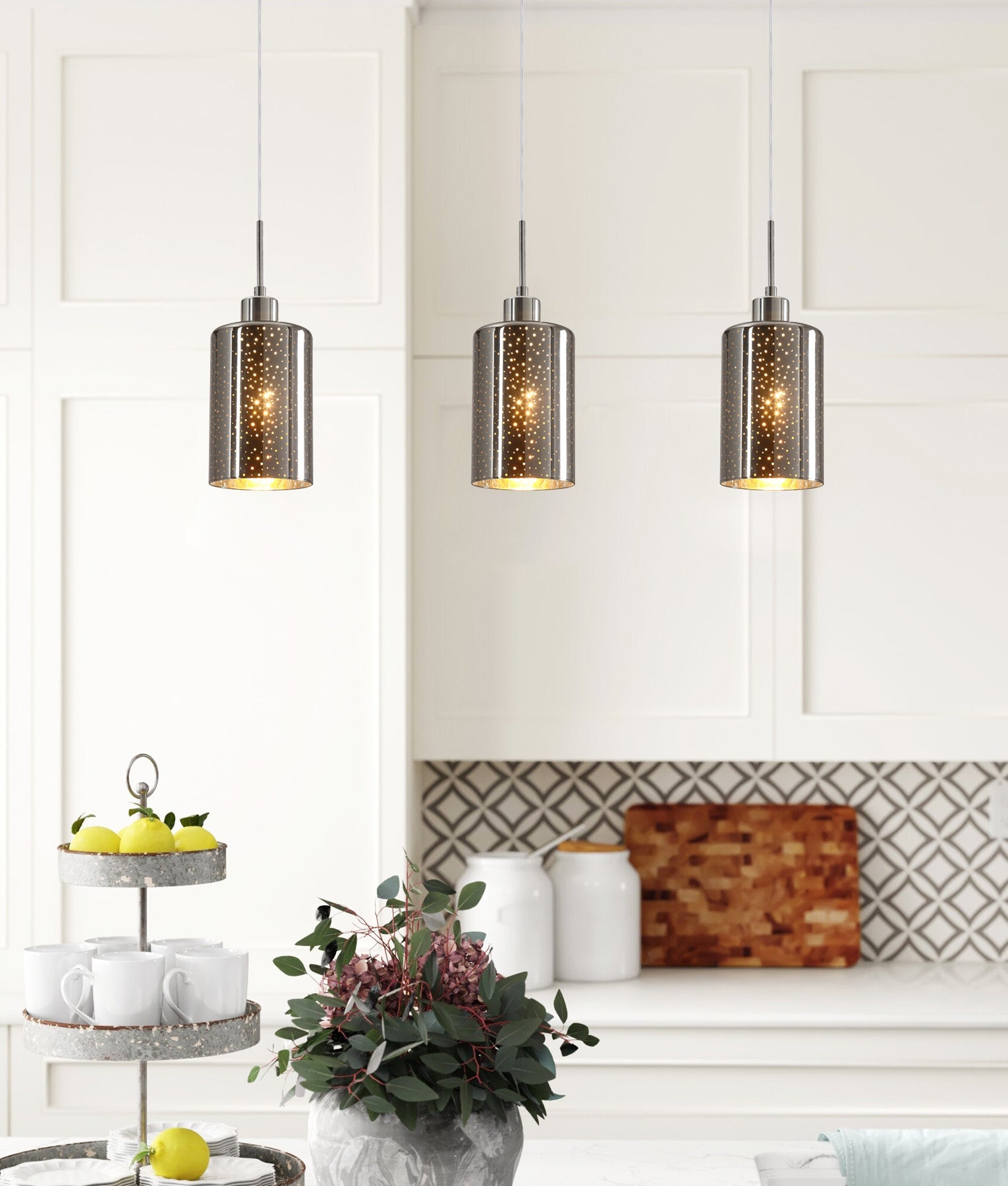 ESPEJO3 Pendant Light (Three Lights, Multiple Bar Base, Iron and Chrome with Dotted Effect)