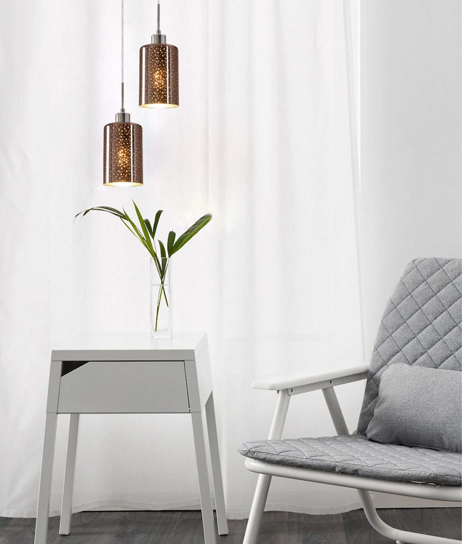 ESPEJO4 Pendant Light (Three Lights, Multiple Round Base, Iron & Rose Gold with Dotted Effect)