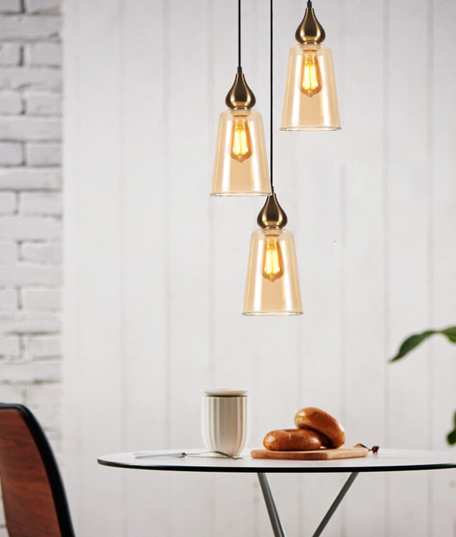 JEREZ Pendant Lights, Three Lights Glass Shade Round Base (Bronze Amber)