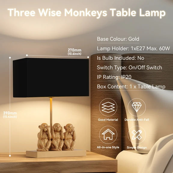 Three Wise Monkeys Gold Table Lamp