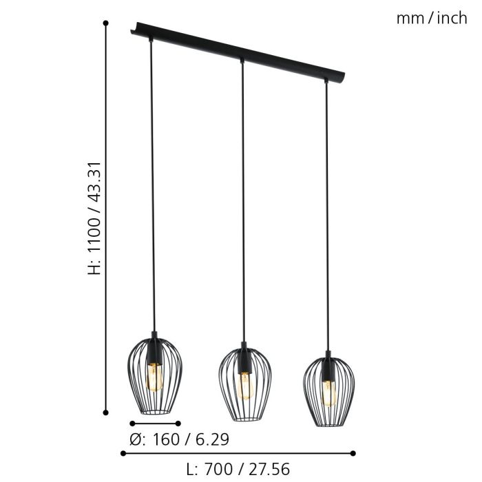 NEWTOWN Pendant Light, Three Lights Bar Base (Black)