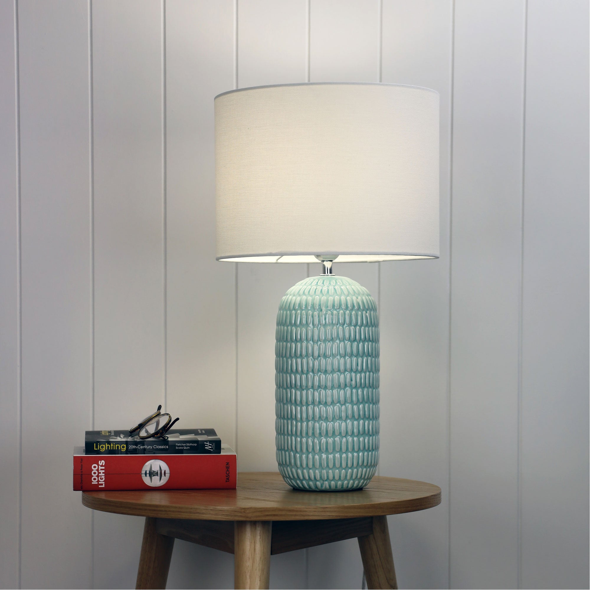 HURLEY Table Lamp, Ceramic Base Fabric Shade (Pale Blue, White)