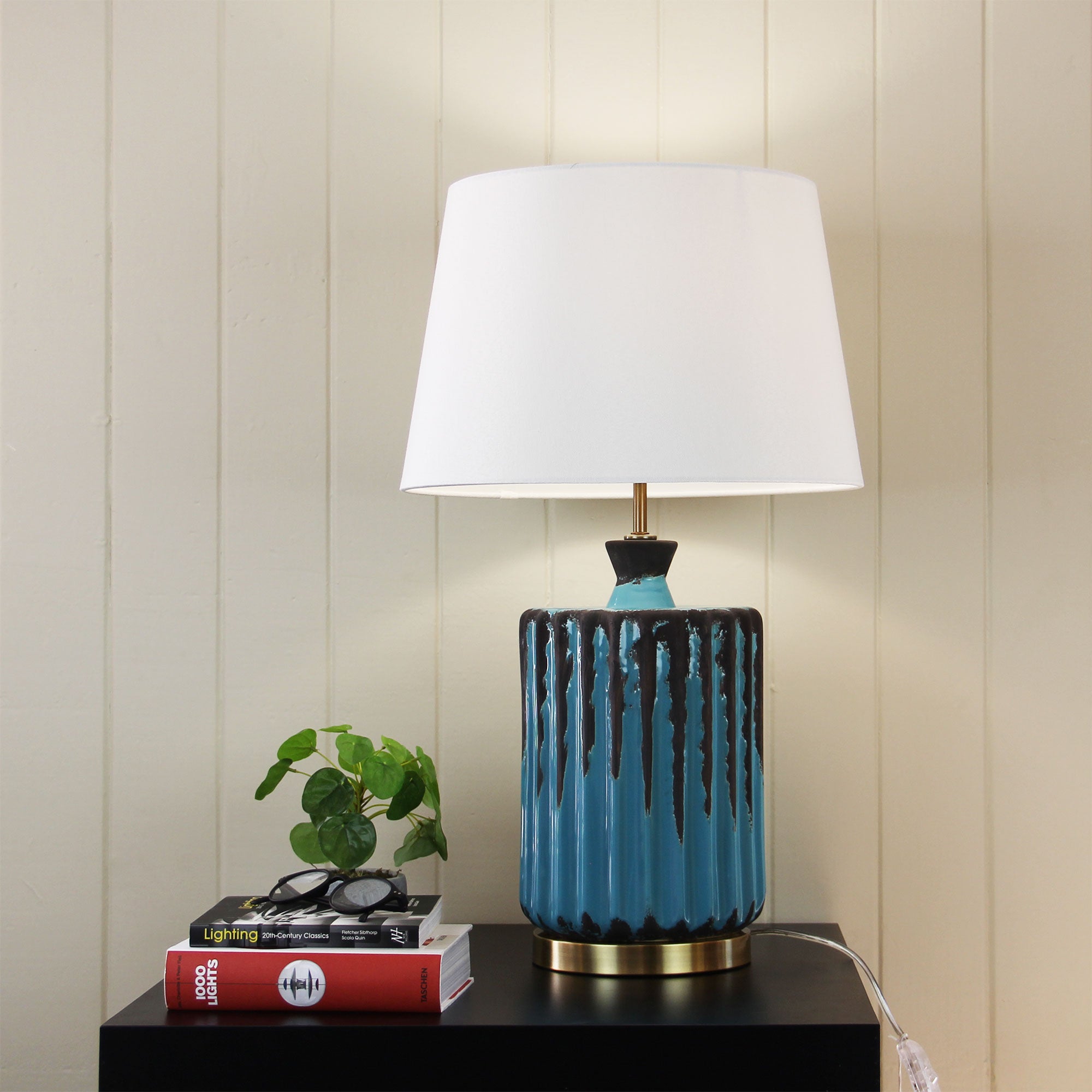 AZURE Table Lamp, Ceramic Base Linen Shade (Blue, Natural)