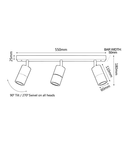 GU10 Exterior Bar Spot Lights (Three Lights, Black)