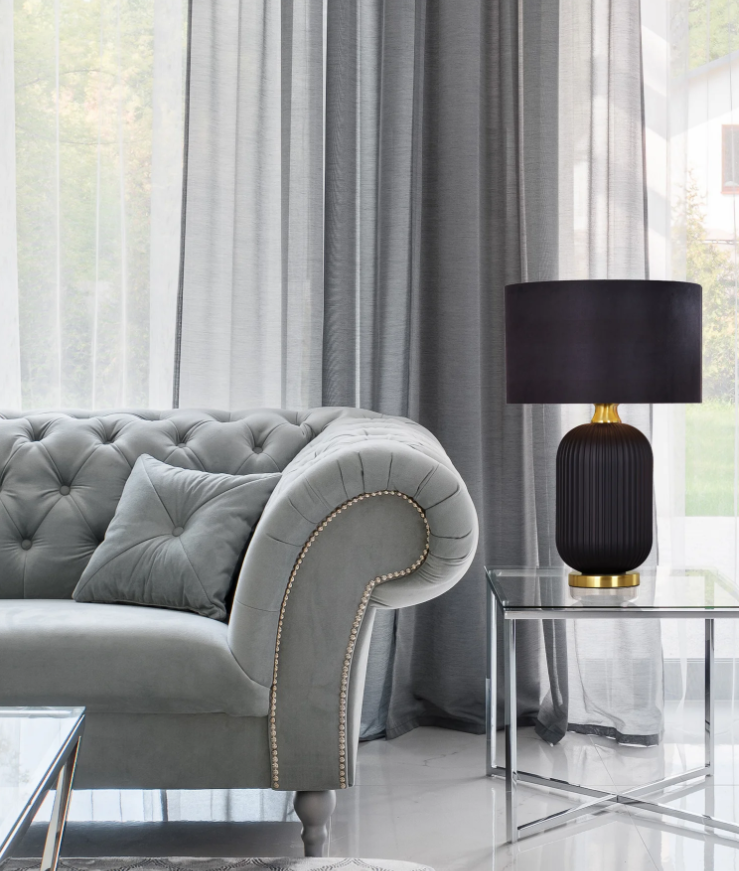 LUSSO: Interior Black Drum Shade Ceramic Base with Antique Brass Highlight Table Lamps