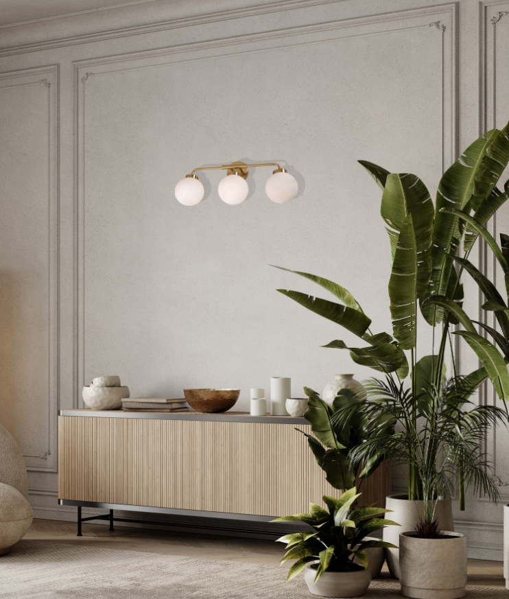 PALLA: Interior Single Sphere Alabaster with Brass Highlight Round Base Wall Light