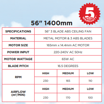 Roma J-Hook 56" Ceiling Fan White