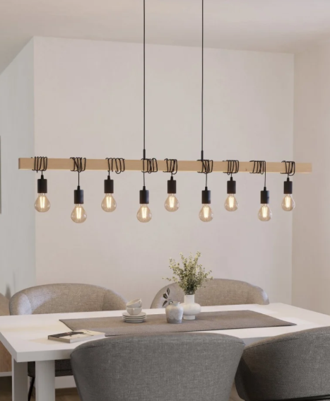 TOWNSHEND 9 Light Pendant 60W E27 Black With Light Brown Wood