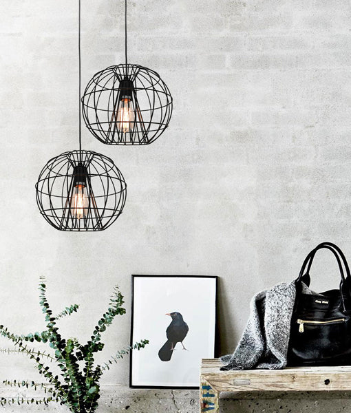 SENTINEL Pendant Light, One Light Metal Cage (Black/White)